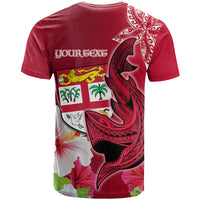 Custom Polynesian Fiji T Shirt Shark and Hibiscus Tapa Pattern Red Version LT03 - Polynesian Pride