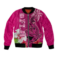 Polynesian Fiji Bomber Jacket Shark and Hibiscus Tapa Pattern Purple Version LT03 Unisex Pink - Polynesian Pride