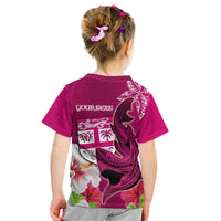 Custom Polynesian Fiji Kid T Shirt Shark and Hibiscus Tapa Pattern Purple Version LT03 - Polynesian Pride