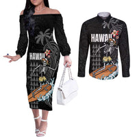 Hawaiian Halloween Skeleton Surfing Couples Matching Off The Shoulder Long Sleeve Dress and Long Sleeve Button Shirt Polynesian Tribal Tattoo and Hawaiian Pattern