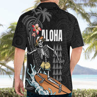Hawaiian Halloween Skeleton Surfing Hawaiian Shirt Polynesian Tribal Tattoo and Hawaiian Pattern