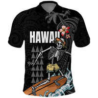 Hawaiian Halloween Skeleton Surfing Polo Shirt Polynesian Tribal Tattoo and Hawaiian Pattern