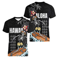 Hawaiian Halloween Skeleton Surfing Women V-Neck T-Shirt Polynesian Tribal Tattoo and Hawaiian Pattern LT03 - Polynesian Pride