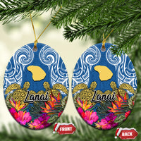 Hawaii Lanai Island Ceramic Ornament Hibiscus Turle and Map with Polynesian Spiral LT03 - Polynesian Pride