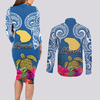 Hawaii Lanai Island Couples Matching Long Sleeve Bodycon Dress and Long Sleeve Button Shirts Hibiscus Turle and Map with Polynesian Spiral LT03 - Polynesian Pride