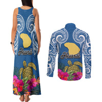 Hawaii Lanai Island Couples Matching Tank Maxi Dress and Long Sleeve Button Shirts Hibiscus Turle and Map with Polynesian Spiral LT03 - Polynesian Pride