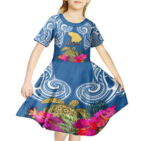 Hawaii Lanai Island Kid Short Sleeve Dress Hibiscus Turle and Map with Polynesian Spiral LT03 - Polynesian Pride