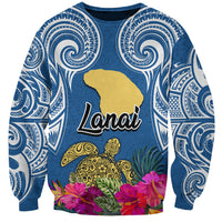Hawaii Lanai Island Sweatshirt Hibiscus Turle and Map with Polynesian Spiral LT03 Unisex Blue - Polynesian Pride