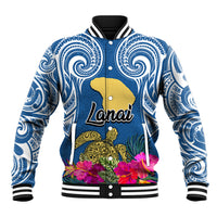 Custom Hawaii Lanai Island Baseball Jacket Hibiscus Turle and Map with Polynesian Spiral LT03 Unisex Blue - Polynesian Pride