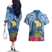 Custom Hawaii Lanai Island Couples Matching Off The Shoulder Long Sleeve Dress and Hawaiian Shirt Hibiscus Turle and Map with Polynesian Spiral LT03 - Polynesian Pride