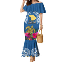 Custom Hawaii Lanai Island Family Matching Mermaid Dress and Hawaiian Shirt Hibiscus Turle and Map with Polynesian Spiral LT03 Mom's Dress Blue - Polynesian Pride