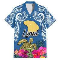 Custom Hawaii Lanai Island Family Matching Off Shoulder Maxi Dress and Hawaiian Shirt Hibiscus Turle and Map with Polynesian Spiral LT03 Dad's Shirt - Short Sleeve Blue - Polynesian Pride