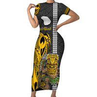 Hawaii Lanai Island Family Matching Short Sleeve Bodycon Dress and Hawaiian Shirt Hawaiian Warrior and Kakau Symbols Abstract Tattoo LT03 Mom's Dress Yellow - Polynesian Pride