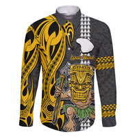 Hawaii Lanai Island Family Matching Tank Maxi Dress and Hawaiian Shirt Hawaiian Warrior and Kakau Symbols Abstract Tattoo LT03 Dad's Shirt - Long Sleeve Yellow - Polynesian Pride