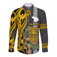 Hawaii Lanai Island Long Sleeve Button Shirt Hawaiian Warrior and Kakau Symbols Abstract Tattoo LT03 Unisex Yellow - Polynesian Pride