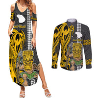 Custom Hawaii Lanai Island Couples Matching Summer Maxi Dress and Long Sleeve Button Shirts Hawaiian Warrior and Kakau Symbols Abstract Tattoo LT03 Yellow - Polynesian Pride