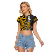 Custom Hawaii Lanai Island Raglan Cropped T Shirt Hawaiian Warrior and Kakau Symbols Abstract Tattoo LT03 Female Yellow - Polynesian Pride