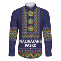 Philippines Merry Christmas Family Matching Off Shoulder Short Dress and Hawaiian Shirt Maligayang Pasko with Parol and Xmas Pattern Barong Style LT03 Dad's Shirt - Long Sleeve Blue - Polynesian Pride