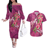 Hawaiian Turtle Love Couple Couples Matching Off The Shoulder Long Sleeve Dress and Hawaiian Shirt - Sweet Hibiscus and Kakau Pattern Rose Color LT03 Pink - Polynesian Pride