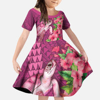 Hawaiian Turtle Love Couple Family Matching Long Sleeve Bodycon Dress and Hawaiian Shirt - Sweet Hibiscus and Kakau Pattern Rose Color