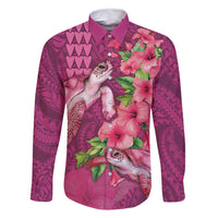 Hawaiian Turtle Love Couple Family Matching Long Sleeve Bodycon Dress and Hawaiian Shirt - Sweet Hibiscus and Kakau Pattern Rose Color