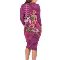 Hawaiian Turtle Love Couple Long Sleeve Bodycon Dress - Sweet Hibiscus and Kakau Pattern Rose Color LT03 - Polynesian Pride