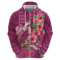 Hawaiian Turtle Love Couple Zip Hoodie - Sweet Hibiscus and Kakau Pattern Rose Color LT03 - Polynesian Pride