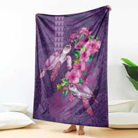 Hawaiian Turtle Love Couple Blanket - Sweet Hibiscus and Kakau Pattern Deep Purple Color