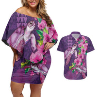 Hawaiian Turtle Love Couple Couples Matching Off Shoulder Short Dress and Hawaiian Shirt - Sweet Hibiscus and Kakau Pattern Deep Purple Color