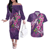 Hawaiian Turtle Love Couple Couples Matching Off The Shoulder Long Sleeve Dress and Hawaiian Shirt - Sweet Hibiscus and Kakau Pattern Deep Purple Color LT03 Purple - Polynesian Pride