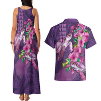 Hawaiian Turtle Love Couple Couples Matching Tank Maxi Dress and Hawaiian Shirt - Sweet Hibiscus and Kakau Pattern Deep Purple Color