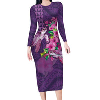 Hawaiian Turtle Love Couple Long Sleeve Bodycon Dress - Sweet Hibiscus and Kakau Pattern Deep Purple Color LT03 Long Dress Purple - Polynesian Pride