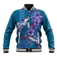 Hawaiian Turtle Love Couple Baseball Jacket - Sweet Hibiscus and Kakau Pattern Sapphire Color