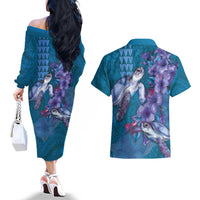 Hawaiian Turtle Love Couple Couples Matching Off The Shoulder Long Sleeve Dress and Hawaiian Shirt - Sweet Hibiscus and Kakau Pattern Sapphire Color LT03 - Polynesian Pride