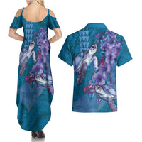 Hawaiian Turtle Love Couple Couples Matching Summer Maxi Dress and Hawaiian Shirt - Sweet Hibiscus and Kakau Pattern Sapphire Color