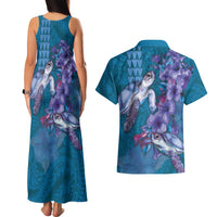 Hawaiian Turtle Love Couple Couples Matching Tank Maxi Dress and Hawaiian Shirt - Sweet Hibiscus and Kakau Pattern Sapphire Color