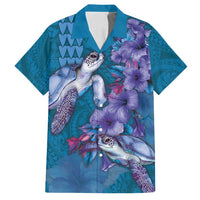 Hawaiian Turtle Love Couple Family Matching Puletasi and Hawaiian Shirt - Sweet Hibiscus and Kakau Pattern Sapphire Color LT03 Dad's Shirt - Short Sleeve Blue - Polynesian Pride