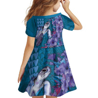 Hawaiian Turtle Love Couple Family Matching Short Sleeve Bodycon Dress and Hawaiian Shirt - Sweet Hibiscus and Kakau Pattern Sapphire Color