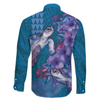 Hawaiian Turtle Love Couple Family Matching Short Sleeve Bodycon Dress and Hawaiian Shirt - Sweet Hibiscus and Kakau Pattern Sapphire Color