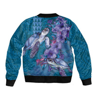 Hawaiian Turtle Love Couple Sleeve Zip Bomber Jacket - Sweet Hibiscus and Kakau Pattern Sapphire Color