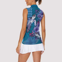 Hawaiian Turtle Love Couple Women Sleeveless Polo Shirt - Sweet Hibiscus and Kakau Pattern Sapphire Color