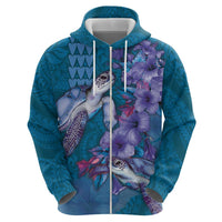 Hawaiian Turtle Love Couple Zip Hoodie - Sweet Hibiscus and Kakau Pattern Sapphire Color LT03 - Polynesian Pride