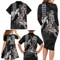 Hawaiian Turtle Love Couple Family Matching Long Sleeve Bodycon Dress and Hawaiian Shirt - Sweet Hibiscus and Kakau Pattern Grayscale Color