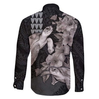 Hawaiian Turtle Love Couple Family Matching Long Sleeve Bodycon Dress and Hawaiian Shirt - Sweet Hibiscus and Kakau Pattern Grayscale Color