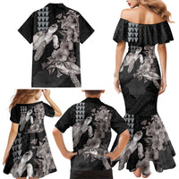 Hawaiian Turtle Love Couple Family Matching Mermaid Dress and Hawaiian Shirt - Sweet Hibiscus and Kakau Pattern Grayscale Color