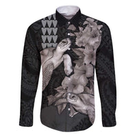 Hawaiian Turtle Love Couple Family Matching Mermaid Dress and Hawaiian Shirt - Sweet Hibiscus and Kakau Pattern Grayscale Color