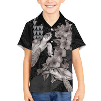 Hawaiian Turtle Love Couple Family Matching Puletasi and Hawaiian Shirt - Sweet Hibiscus and Kakau Pattern Grayscale Color LT03 Son's Shirt Black - Polynesian Pride