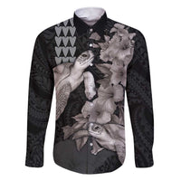 Hawaiian Turtle Love Couple Family Matching Short Sleeve Bodycon Dress and Hawaiian Shirt - Sweet Hibiscus and Kakau Pattern Grayscale Color