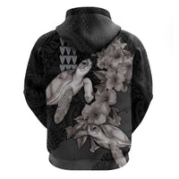 Hawaiian Turtle Love Couple Zip Hoodie - Sweet Hibiscus and Kakau Pattern Grayscale Color LT03 - Polynesian Pride