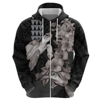 Hawaiian Turtle Love Couple Zip Hoodie - Sweet Hibiscus and Kakau Pattern Grayscale Color LT03 - Polynesian Pride